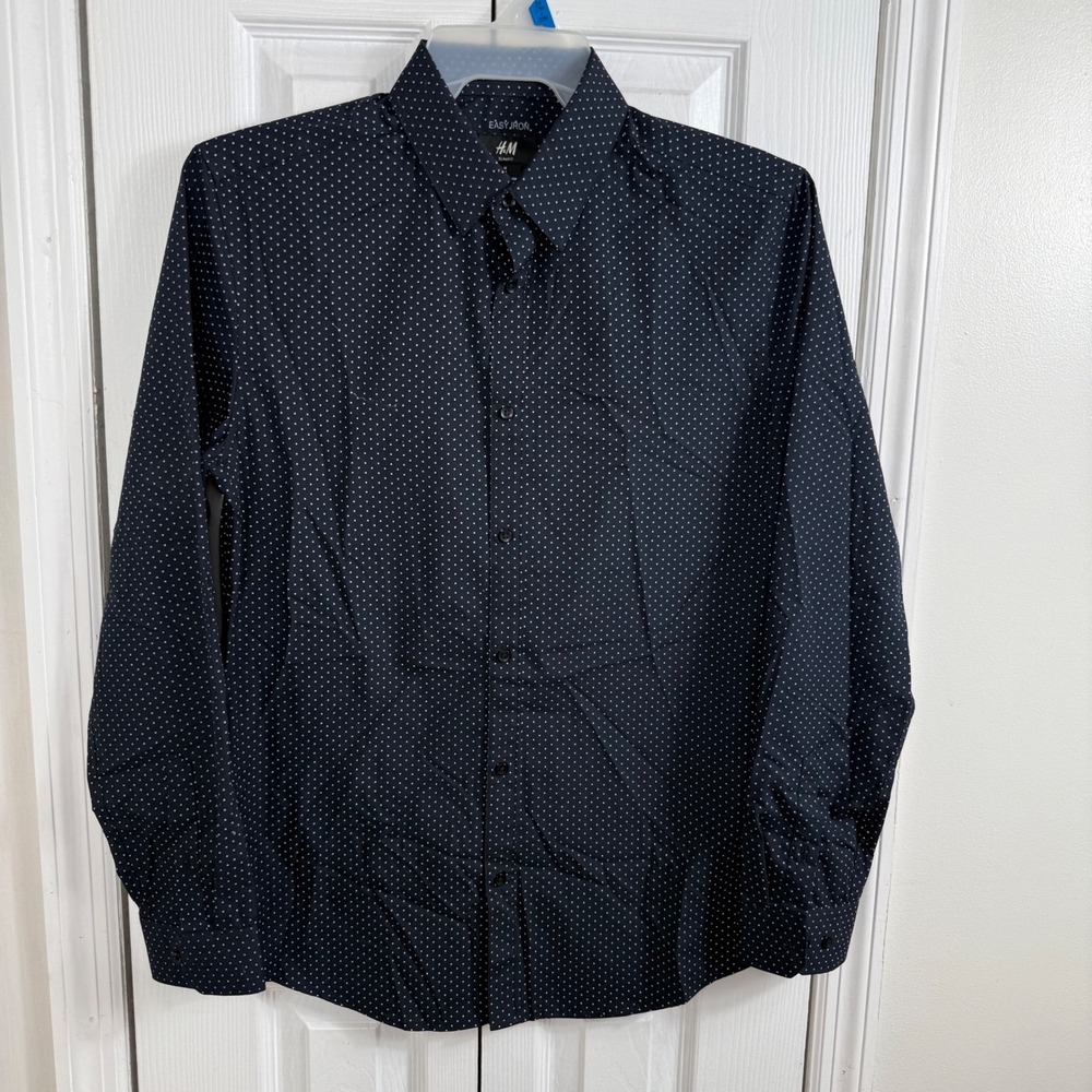 H&M Slim Fit Button Down Shirt M Navy Polka Dot Easy Iron Dark Academia Sleek